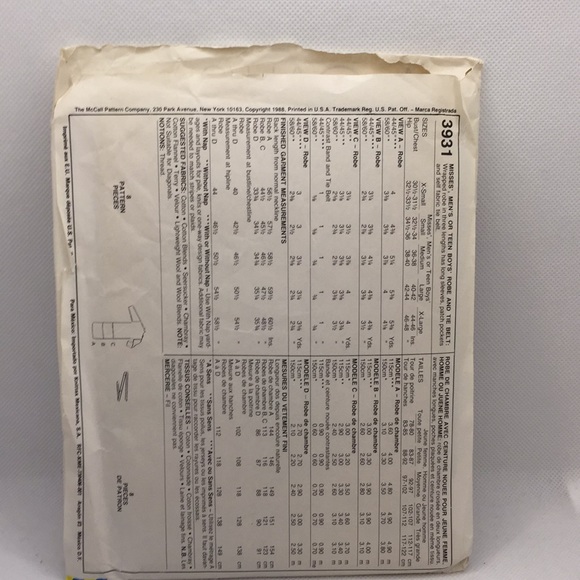 McCall’s 3931 Vintage Sewing Pattern Unisex Robe Size Medium 1988 Vintage UNCUT - Picture 5 of 10